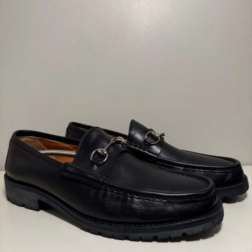 Gucci Horse Bit Lug Sole Black Leather Loafer Men’s Size 12.5 Brass Brown Logo - Picture 1 of 13